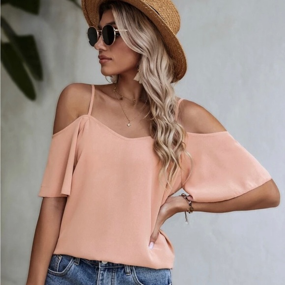 Shein Pink Solid Cold Shoulder Blouse - Picture 3 of 11
